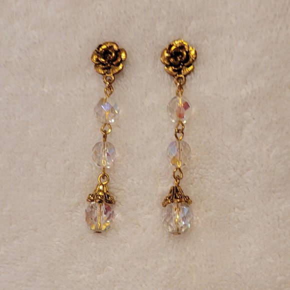 3-Piece Gold Tone Rosary Jewelry Set with Clear Aurora Borealis Glass Beads - Picture 5 of 5